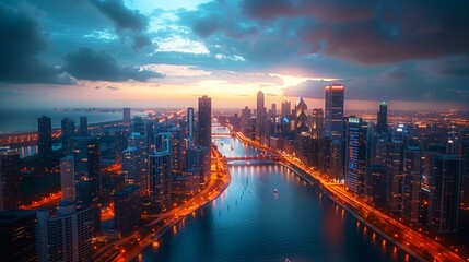 City night view, burning sky, modern city architecture