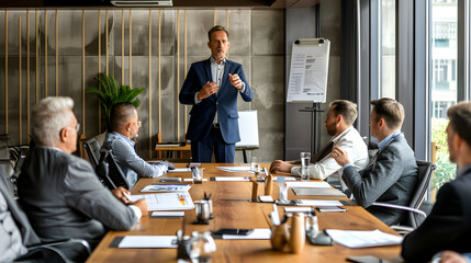 A businessman giving a presentation in a boardroom.


