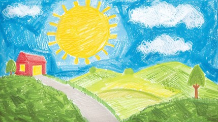 Child's Crayon Drawing of Sunny Landscape and Red House