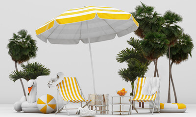 3d render. illustration of a tropical island. Two deck chairs under umbrella on a beautiful beach. Travel and vacation concept. with summer font and space for advertise - 782052784
