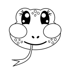 Cutie coloring, drawing kawaii outline smiling little frog face, head for kids isolated on white background