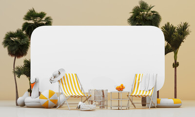 3d render. illustration of a tropical island. Two deck chairs under umbrella on a beautiful beach. Travel and vacation concept. with summer font and space for advertise - 782053176