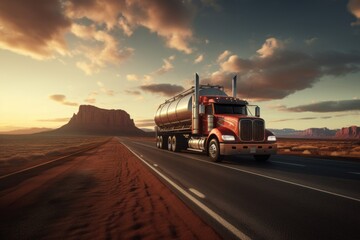 Oil tank truck driving on highway delivering oil at sunrise.
