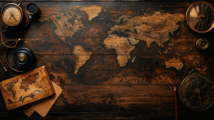 Fototapeta na wymiar A map of the world is on a wooden table with a clock and a pen. The map is old and has a vintage feel to it