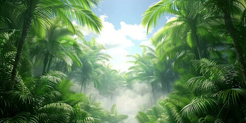 A lush green jungle with a clear blue sky. The trees are tall and the leaves are green - obrazy, fototapety, plakaty
