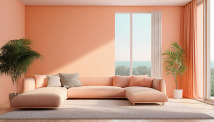 Minimalist home fuzz peach color interior design of modern living room. Curved couch against window near fuzz peach color wall. copy space. Summer vacation on a sunny day. Front view.