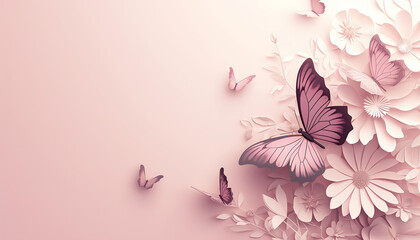 Elegant Pink Monochromatic Floral Composition with Butterflies, Artistic Wallpaper Design
