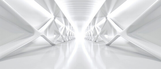 Futuristic White Geometric Corridor Interior Design, Modern Architectural Concept
