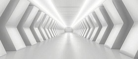 Futuristic White Corridor with Geometric Design Elements and Illuminated Perspective View
