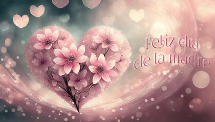 tarjeta o pancarta para desear un feliz Día de la Madre en rosa con al lado un corazón hecho de flores rosas sobre un fondo rosa y gris y círculos y corazones en efecto bokeh