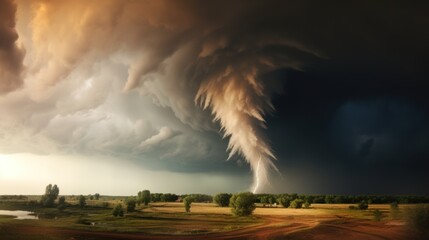 Obraz premium A twister touching down on ground with heavy cloud covering sky.