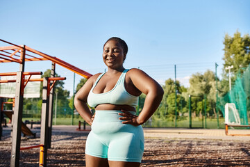 An African American woman in sportswear standing confidently in front of a playground.