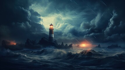 Lighthouse in a large thunder storm with high tide. - obrazy, fototapety, plakaty
