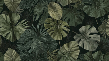 Dark botanical background from green big smooth leaves, green tropical. Generative AI