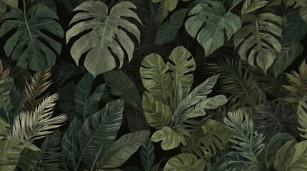 Dark botanical background from green big smooth leaves, green tropical. Generative AI - 782054536
