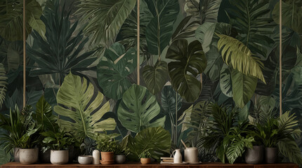 Dark botanical background from green big smooth leaves, green tropical. Generative AI