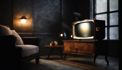 Old retro TV in a retro living room. sunlight through the window. Nostalgic home decor in vintage dark gray colors.