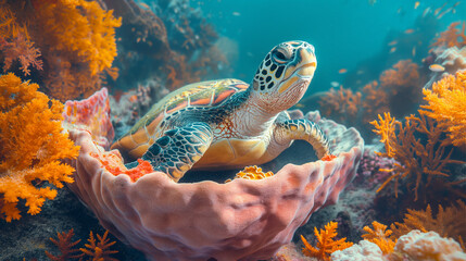 Turtle swimming underwater - obrazy, fototapety, plakaty