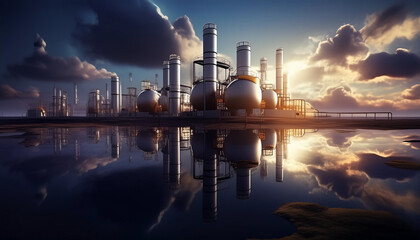 Fototapeta na wymiar An oil, gas power plant refinery with storage tanks facility for oil production or petrochemical factory infrastructure, on the water. Sunset behind the industrial complex.