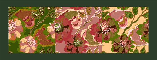 Mosaic stylized blooming flowers and leaves in Japanese style vector seamless pattern spring motifs ornament. Set of three patterns