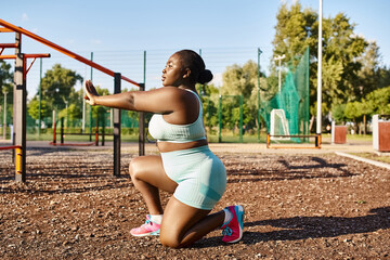 An African American woman in sportswear squatting in front of a playground, embodying body positivity and strength.