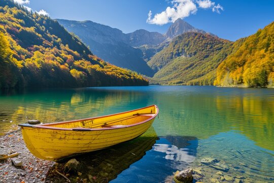 Yellow boat in a lake among mountains and snowy shores The concept of vacation, travel, tourism.	