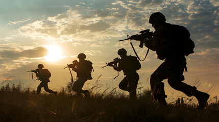 military soldiers move into position, war forces - obrazy, fototapety, plakaty