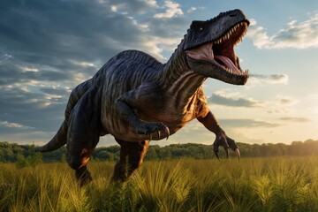 Dinosaur stands in prehistoric environment. Photorealistic. - obrazy, fototapety, plakaty