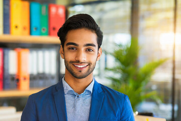 Portrait of handsome confident Hispanic man in a business office. Best candidate of job. hiring job concept.