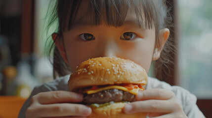 A little girl is sitting in the kitchen, holding a big juicy burger in her hands and smiling happily.