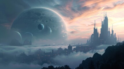A giant planet in space and futuristic city with modern skyscraper buildings.