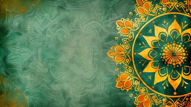 beautiful green background with Indian mandala pattern painted in gold