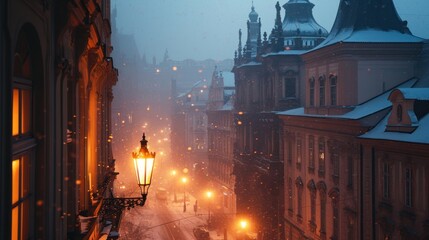 Street view with beautiful historical buildings in winter with snow and fog in Prague city in Czech...