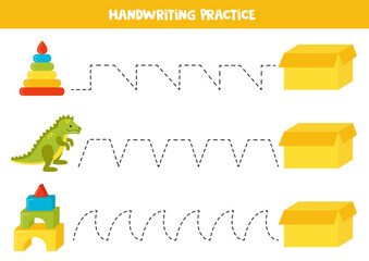 Tracing lines with cute cartoon toys and box. Writing practice.