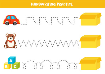 Tracing lines with cute cartoon toys and box. Writing practice.