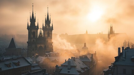 Naklejka premium Beautiful historical buildings in winter with snow and fog in Prague city in Czech Republic in Europe.