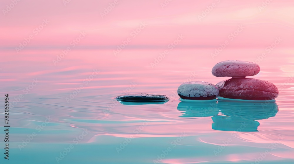 Wall mural Calm - zen stones reflecting in turquoise water against the pink horizon with a blur, background with copy space