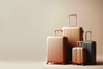 3D brown travel suitcases on a beige background with copy space for text. Travel, summer, vacation, business trip concept.  - obrazy, fototapety, plakaty