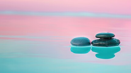 Calm - zen stones reflecting in turquoise water against the pink horizon with a blur, background with copy space