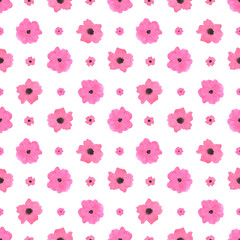 Hand drawn watercolor pink poppy flowers seamless pattern isolated on white background. Can be used for textile, fabric and other printed products.