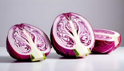 Obraz premium Red, cabbage and studio in white background for vegan, meal and prep in healthy diet for wellness. Fresh, organic and vegetable in food for salad, nutrition and cooking for kitchen in backdrop
