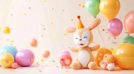 A birthday party scene with balloons and stuffed animals.