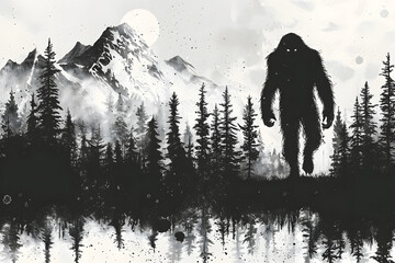 Black and white drawing of Bigfoot walking through the forest - obrazy, fototapety, plakaty
