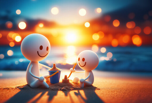 zwei kleine, weiße Figuren sitzen im Sonnenuntergang am Strand und spielen im Sand, Reise-Hintergrund mit Bokeh