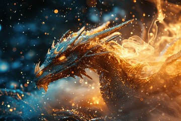 Angry evil dragon with red eyes and fire flames. - obrazy, fototapety, plakaty