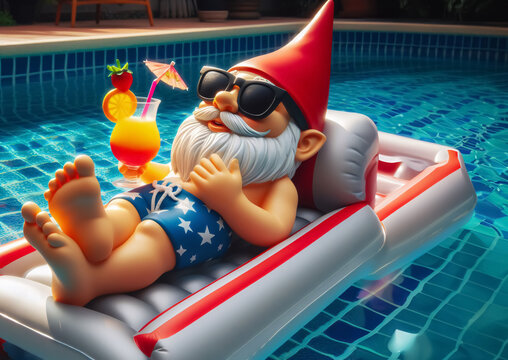 Ein lustiger Gartenzwerg mit Sonnenbrille, Badehose und einem Cocktail in der Hand liegt auf einer Luftmatratze im Swimming Pool, copy space