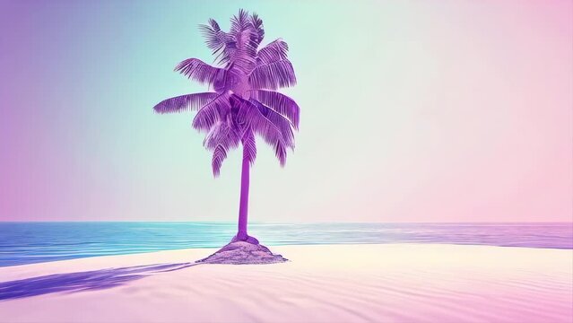 A palm tree is standing on a beach with a blue ocean in the background. The sky is a mix of pink and blue, creating a serene and calming atmosphere