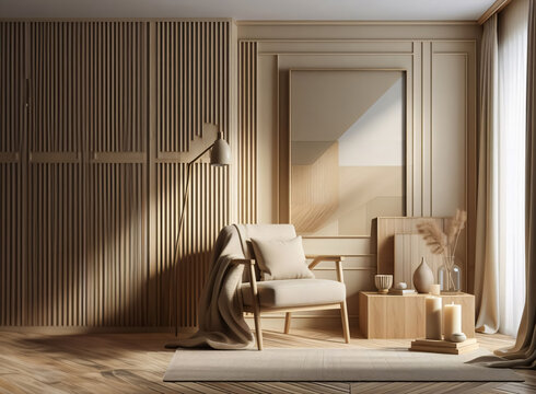Raumszene mit Stuhl, Tisch und Deko vor einer  hellen Holzwand, copy space