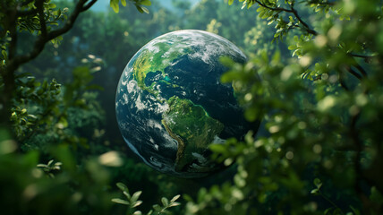 Obraz na płótnie Canvas World Environment Day. Looped rotating planet Earth in a green forest.