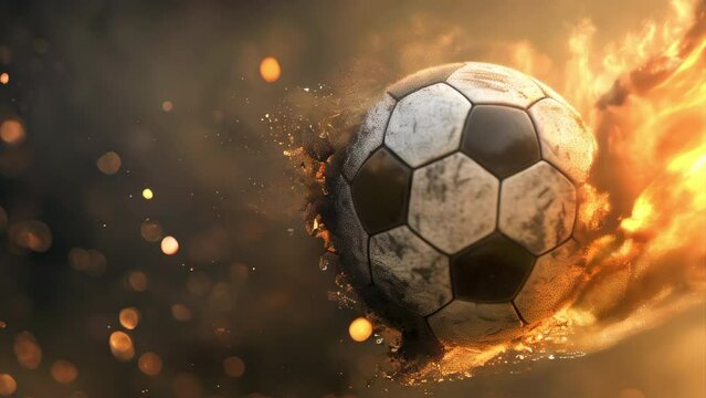 A soccer ball is in the air with a lot of debris around it. The image has a mood of chaos and destruction